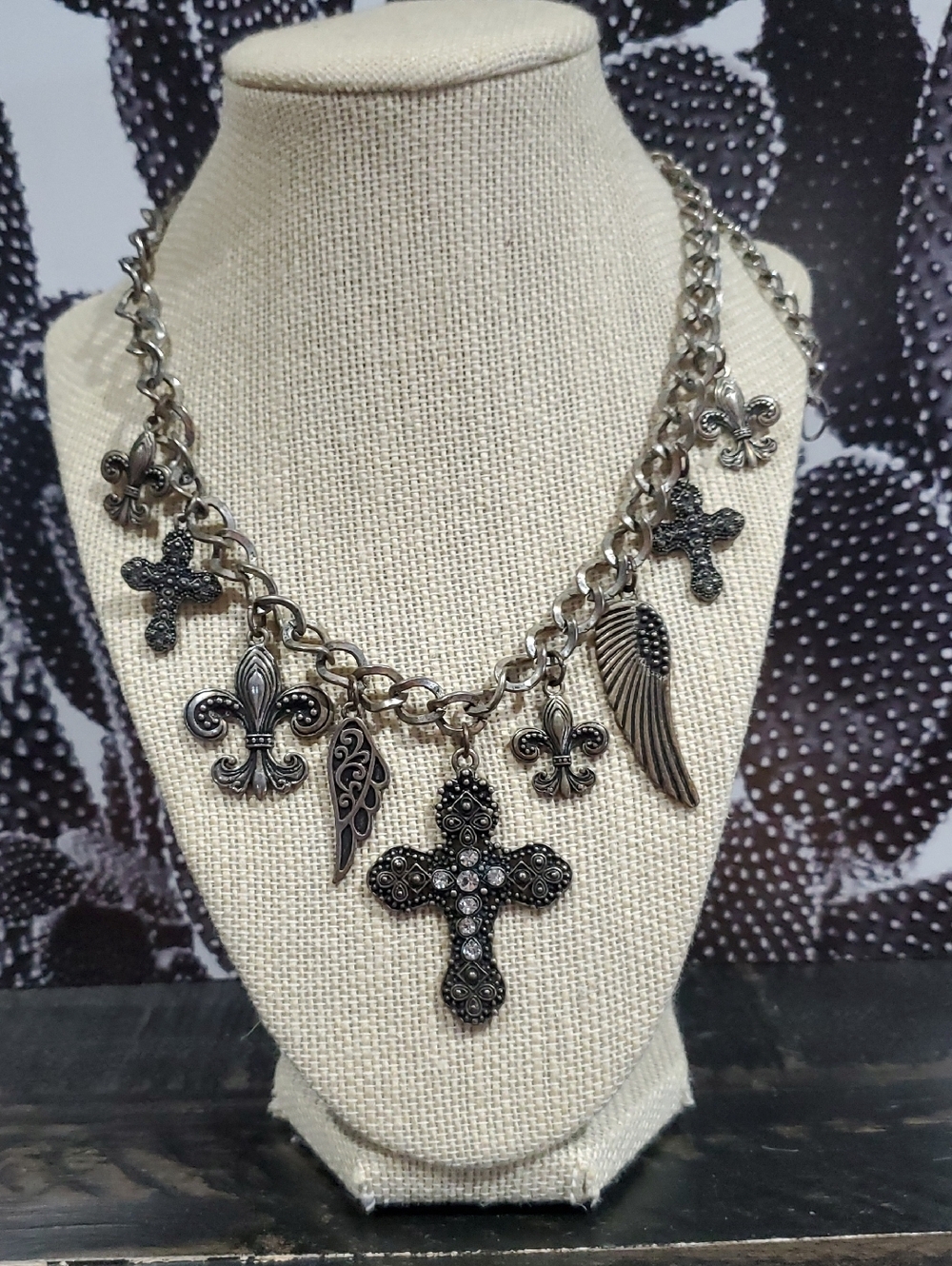 Vintage Silver Charm Cross & Fleur De Lis Necklace Gems